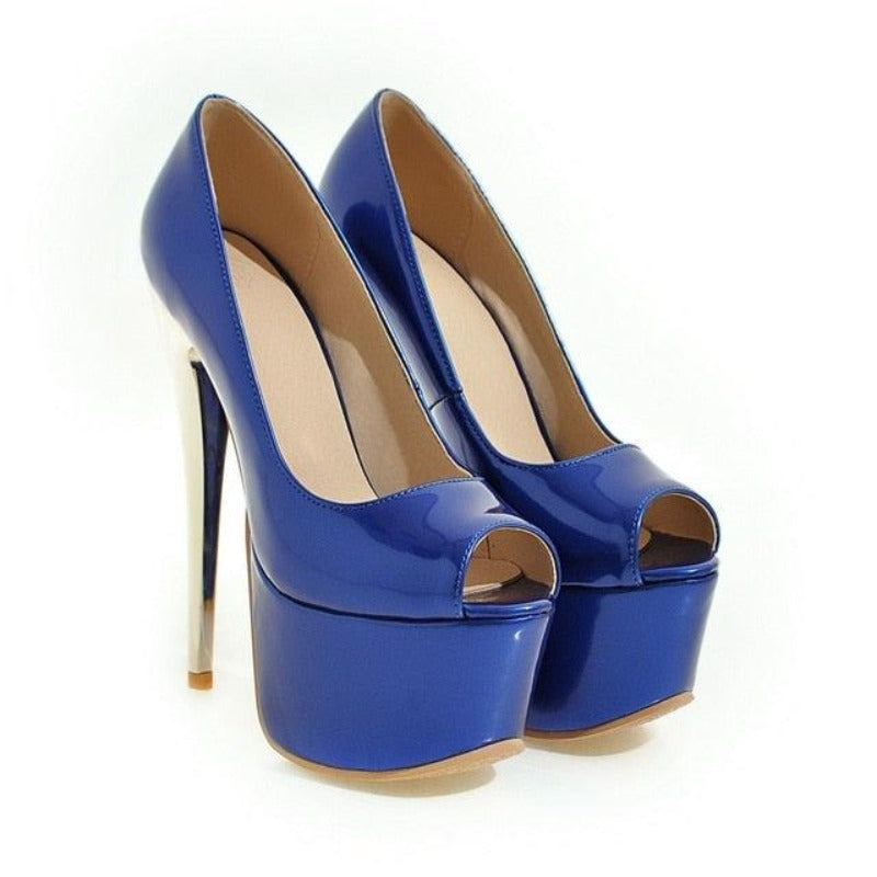 16CM Extreme High Heel Peep Toe Platform Patent Leather Pumps - http://chicboutique.com.au