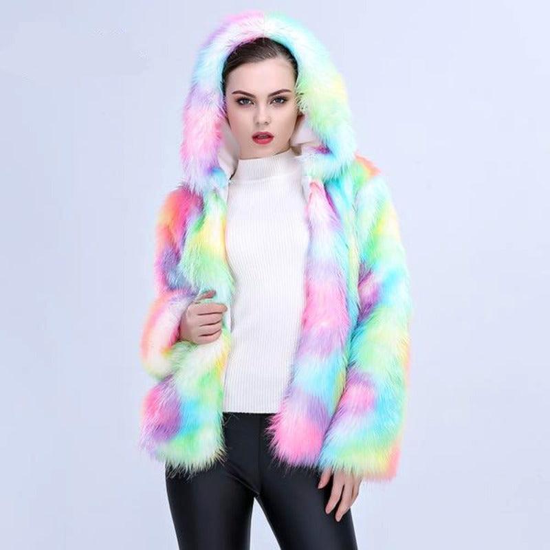 Colorful Faux Fox Fur Coat with Hood Multicolor Long sleeve Jacket | http://chicboutique.com.au